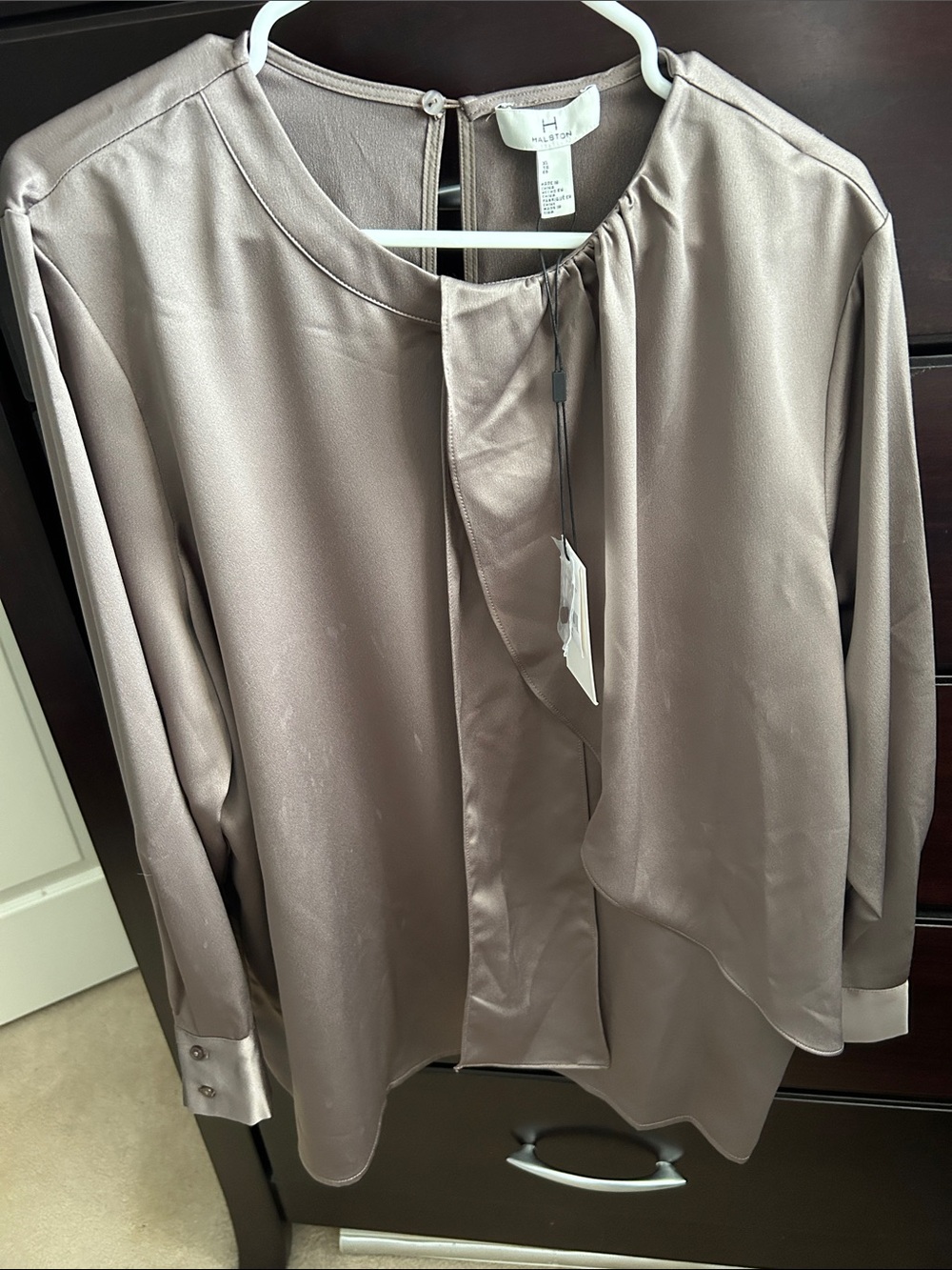 H by Halston Satin Long-Sleeve Blouse in Taupe-Grey
